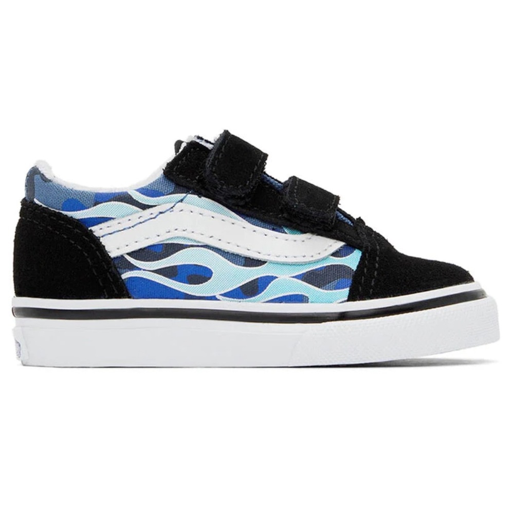 Vans Sneakers, Size 9.5, Black Leather w/ Blue Camo Flame Print & Velcro Close